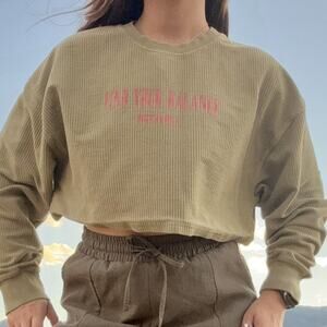 Mono B Womens M Cropped Crewneck Ribbed Green Long Sleeve Top Find Your Balance